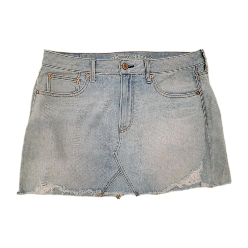 American Eagle Short Jean Mini Skirt Size 12 Medium Wash Distressed Denim‎ Y2k